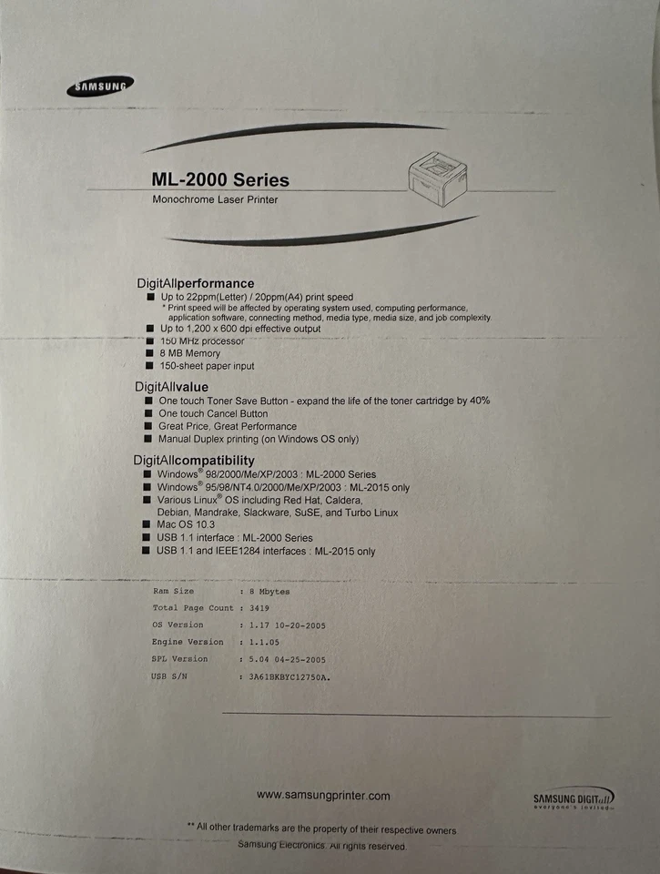 Samsung ML-2010 Standard Laser Printer TESTED Works Page Count 3419 See Pics - Image 3 of 4