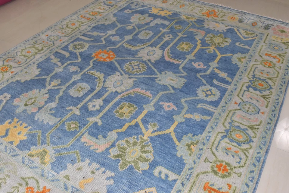 Потрясающий красивый синий ковер Oushak - 5 x 8 8 x 10 9 x 12 турецкий шерстяной ковер - Изображение 4 из 4