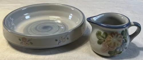 Louisville Stoneware Pottery Lot Bowl And Creamer Floral Design Kentucky
