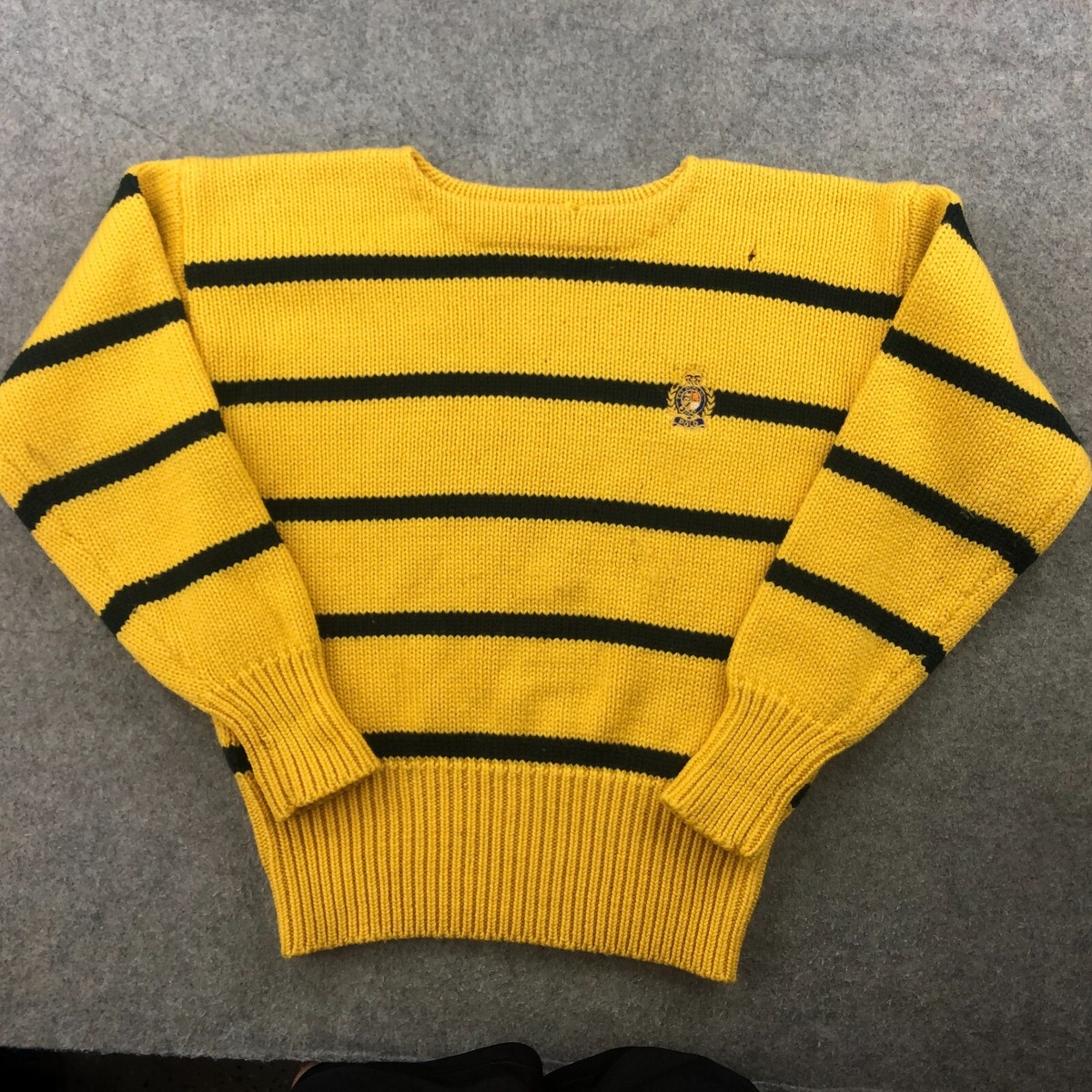 Vintage Ralph Lauren Sweater Mens Large Yellow Striped Wool Embroidered  Crest