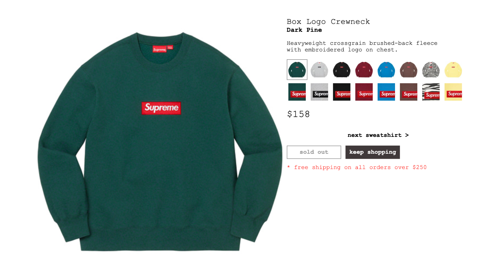 Supreme Box Logo Crewneck (Blue) Heavyweight crossgrain brushed-back fleece  with embroidered logo on chest.