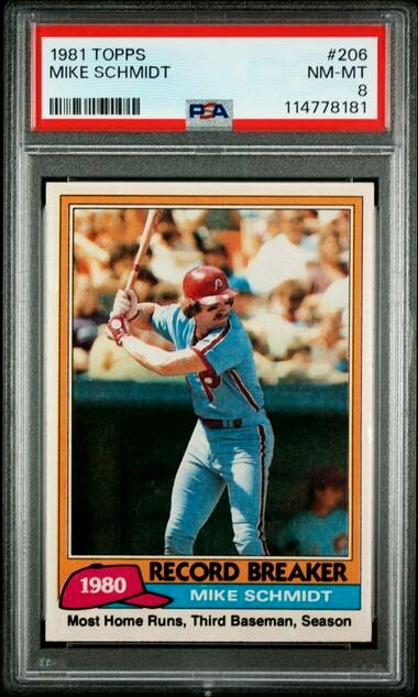 PSA 8 NM- MINT 1981 Topps #206 Mike Schmidt Record Breaker Philadelphia Phillies
