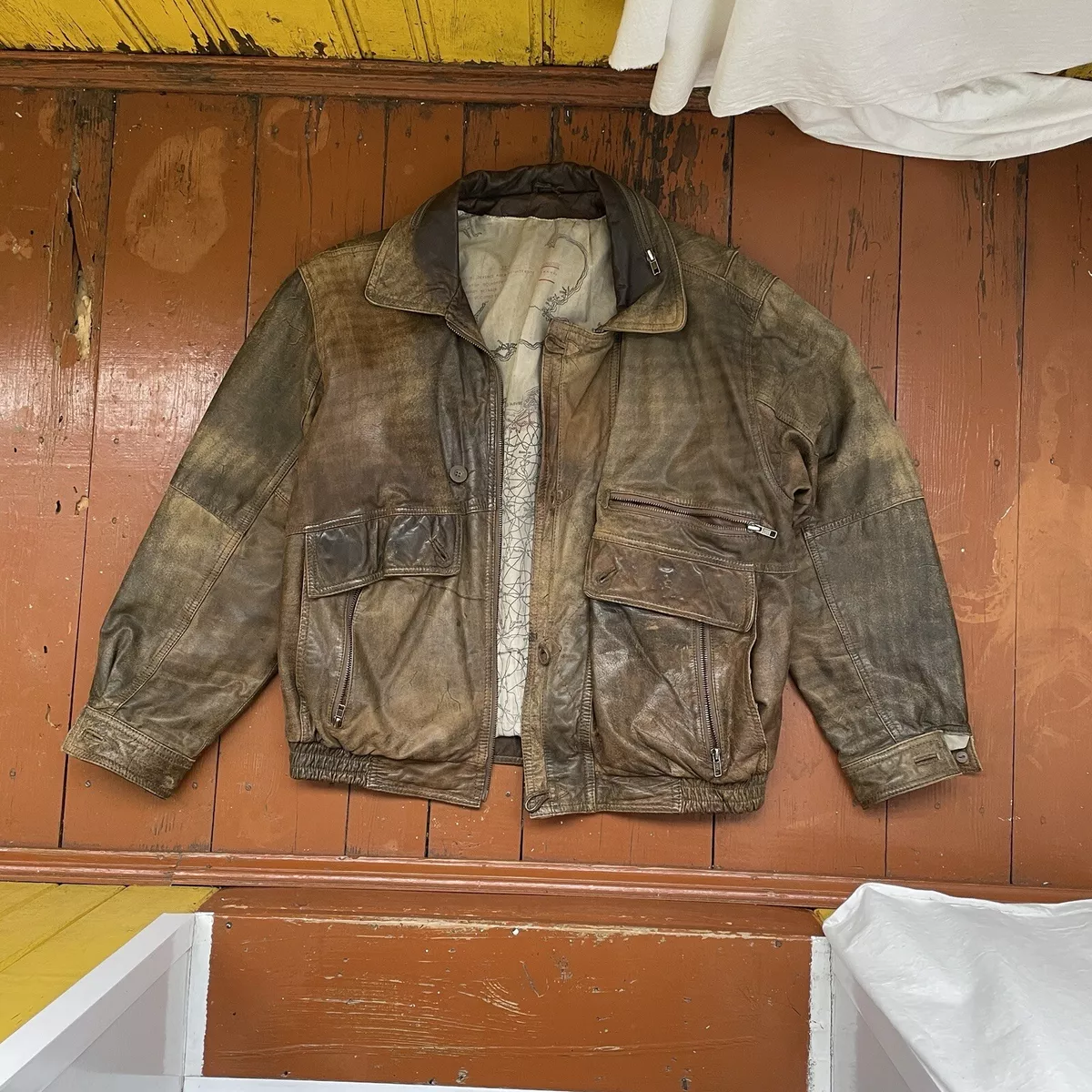 Vintage Leather Pilot Jacket Brown Unique Map France SZ M