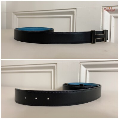 Authentic HERMES Black Smooth & Blue Pebbled Leather H Black