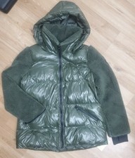 Michael Kors Sherpa Hooded Quilted Mixed Media Jacket Puffer Coat-Green-LARGE