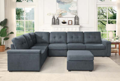 Isla 119'' Gray Fabric Sectional Sofa w/ Ottoman