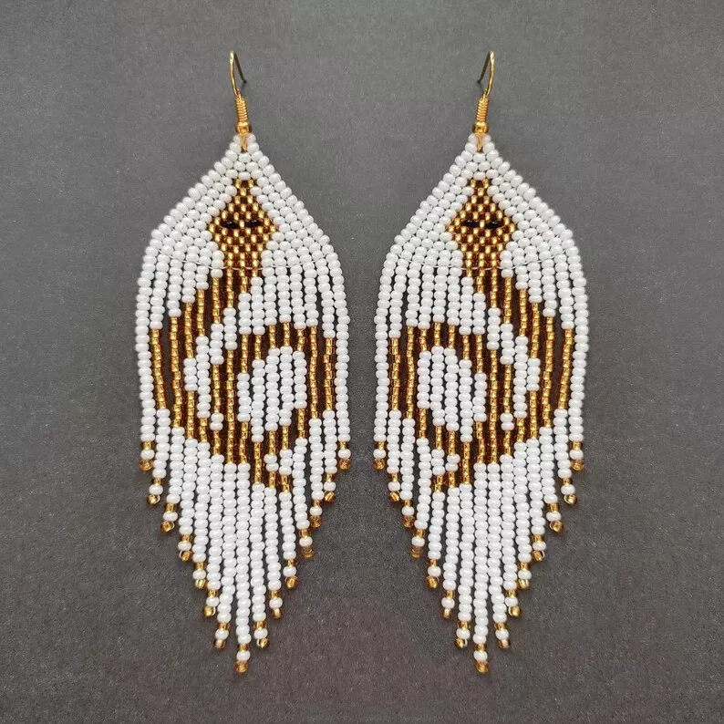 Snake beaded earrings gold white boho style snake gold white Beaded Earrings