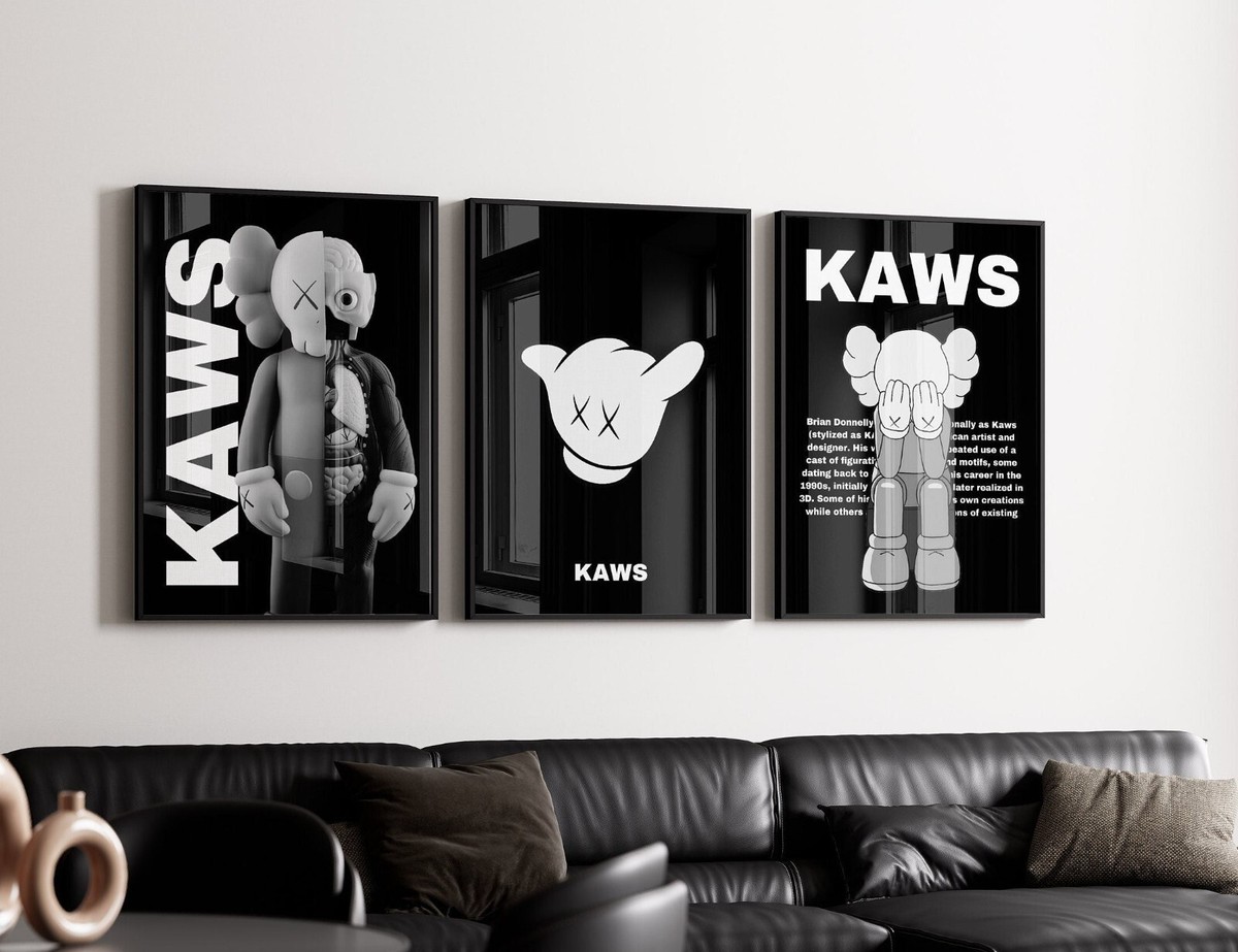 Set of 3 Kaws Exhibition Posters Grey on Black Hypebeast Figure