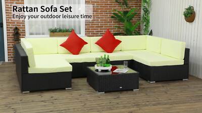 7 Pieces Rattan Garden Furniture Set, Corner Sofa Set w/ Cushion ...