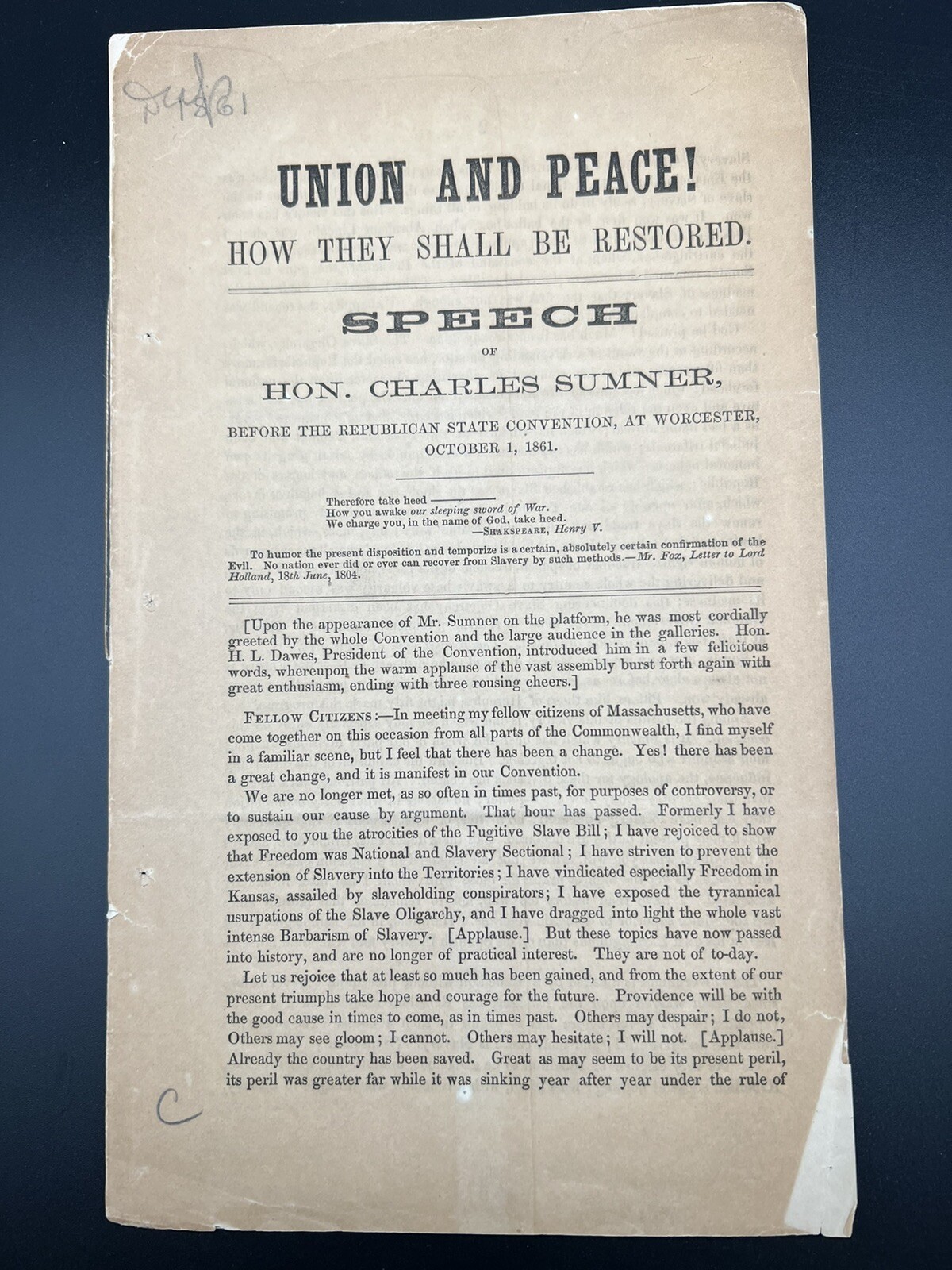 HON CHARLES SUMNER / UNION AND PEACE HOW THEY SHALL BE RESTORED SPEECH - L720