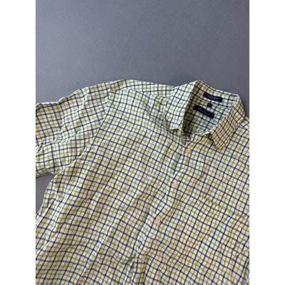 Alan Flusser Mens XL Short Sleeve 100 Linen Button Down Shirt Green Navy Check