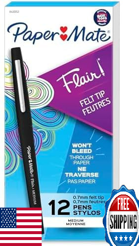 Paper Mate Flair Felt Tip Pens, Medium Point (0.7mm), Black, 144-Pack, Smear Res
