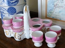 Victorian Porcelain Pink Egg Cups Caddy Tray Holder Antique Easter Decor