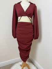 ASOS Midi Dress UK 10 Burgundy Ruched Cut Out Balloon Sleeve V Neck Belted