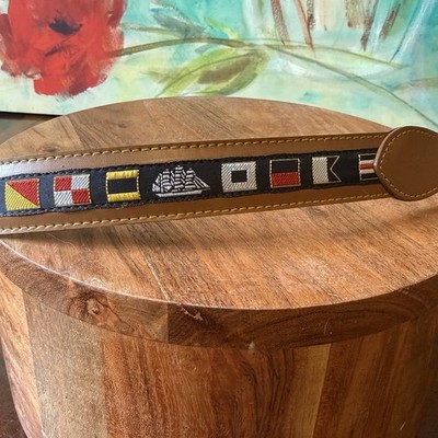 NEW SEA CLOUD Brown Leather Belt Sailing Boat Yacht Nautical Flag Design 85''