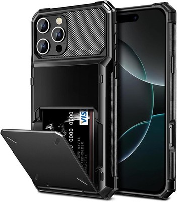 iPhone 16 Pro Max Case with Card Holder Dual Layer Heavy Duty Drop Protection Bl