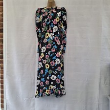 M&S Dress UK 8 New BNWT Black Multi Floral Midi Tie Neck Long Sleeve Frill