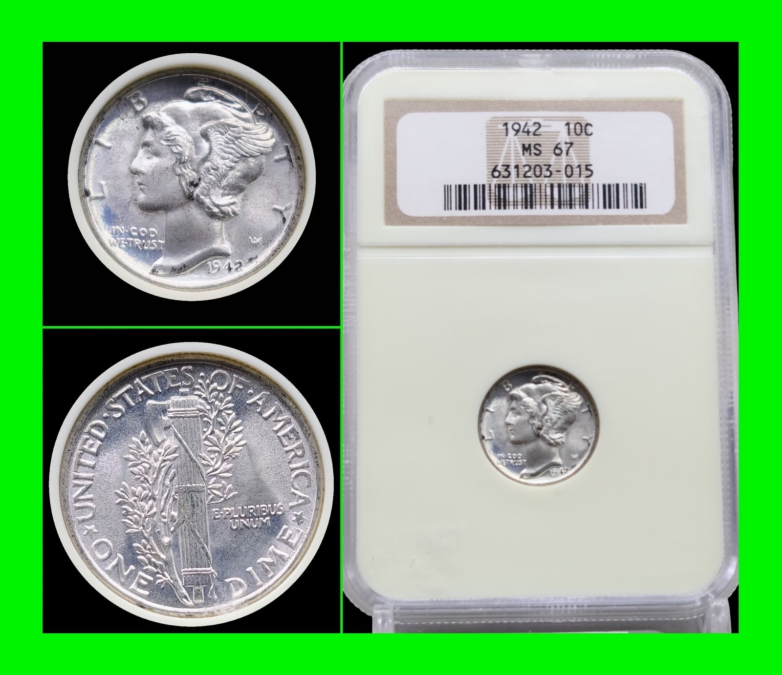 Graded 1942 Mercury Silver Dime 10¢ NGC MS67 - UNC - Uncirculated - High Grade