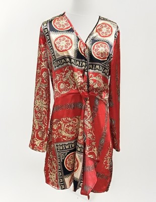 NWT Pretty Little Thing Red Satin Oriental Plunge Extreme Split Shift Dress 12