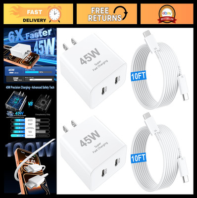 Fast Charging 45W Dual Port USB C Charger & 10FT Type C Cable for iPhone & Andro