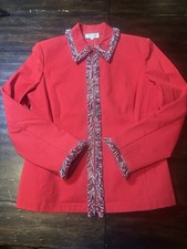 ST JOHN Sport Crimson Red Size S Zip Fringe Accent Jacket Marie Gray Blazer