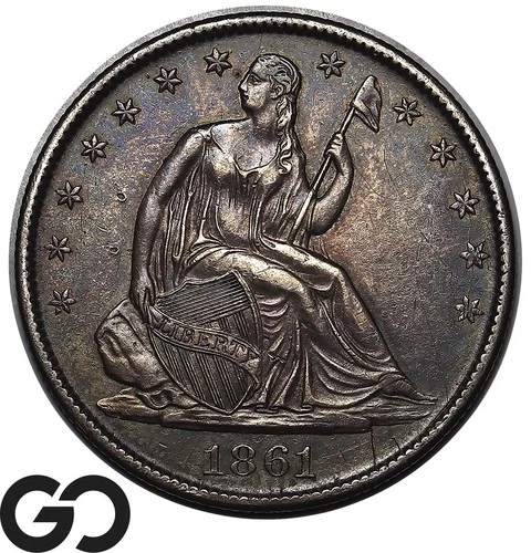 1861-O Seated Liberty Half Dollar, Nice Toner, Choice AU++/Unc, RARE Key Date