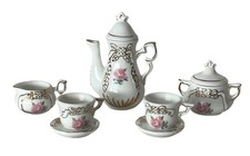 Vintage Dollhouse Mini Porcelain Tea Set Pink Roses Gold Trim Teapot Cups