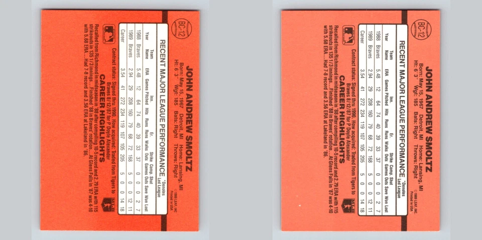 🔥 (2) 1990 Donruss #BC12 John Smoltz / Tom Glavine - Error y tarjetas corregidas Foto 2 de 4