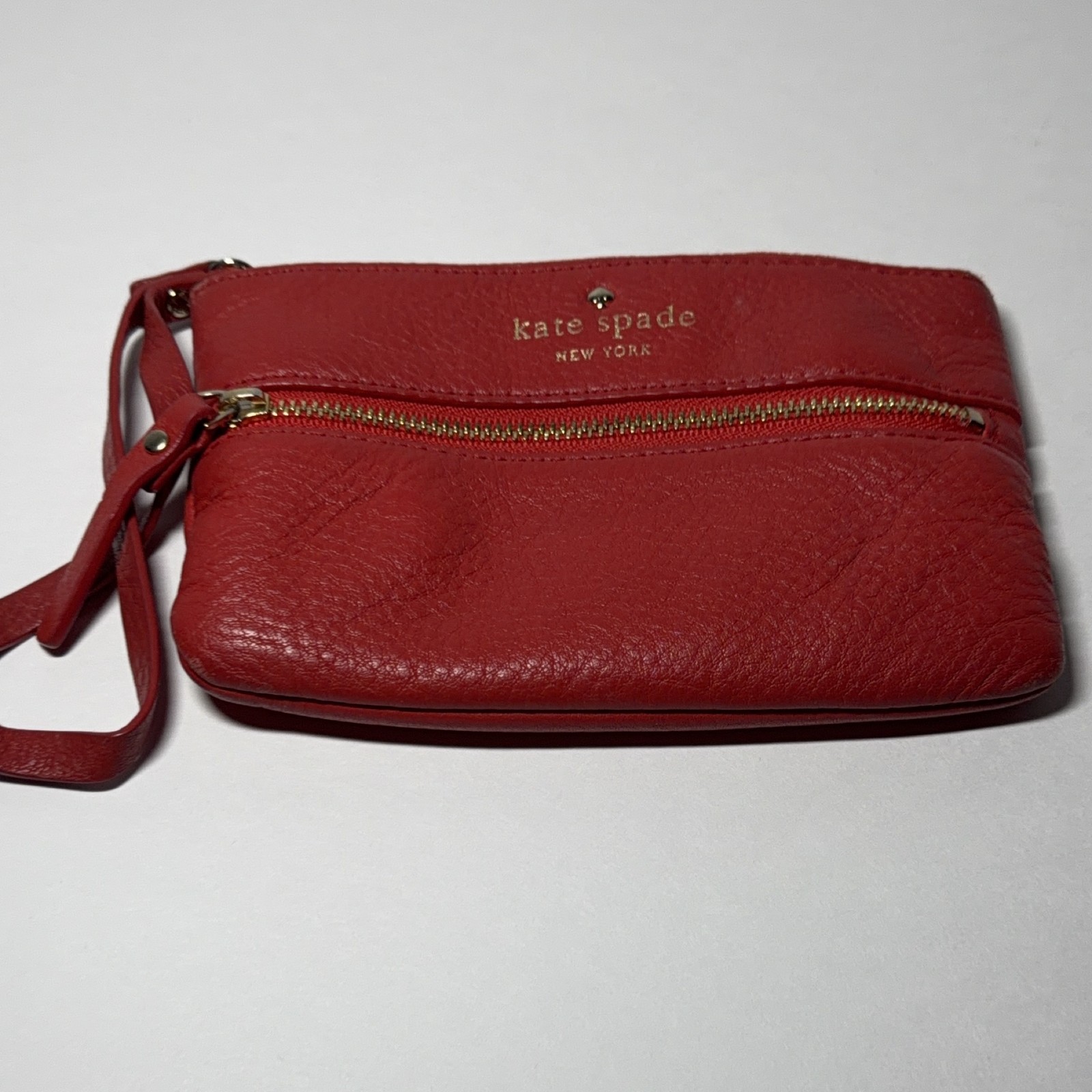 Kate Spade New York Red Leather Wristlet Pouch Gold Tone Hardware