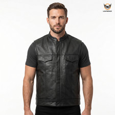 Mens Leather Motorcycle Vest Biker Club Style SOA Concealed Carry Cowhide