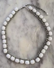 VTG WHITE MILK GLASS RHINESTONE CABACHON NECKLACE SILVER TONE CHOKER MCM