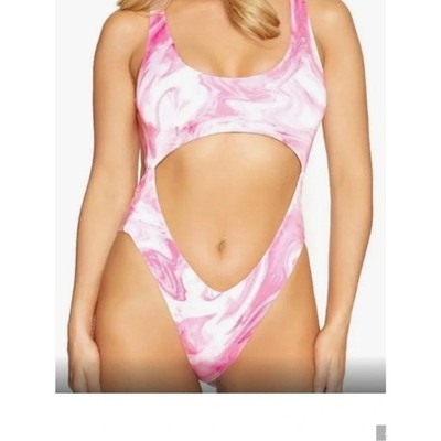 Naked Wardrobe Pink Marble Swim Monokini One Piece NWT Resort High Cut NWT L