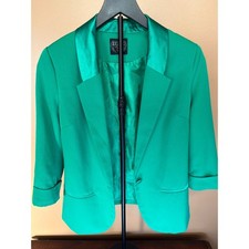 Love Culture Emerald Green Blazer Satin Collar 3/4 Sleeve Single Button Jacket