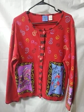 Sport Elle Womens Cardigan Sweater Sz M Red Christmas Paris Buttons Granny Core