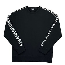 Just Cavalli Men  s Black  White Tape Sleeve Logo Pullover Sweatshirt Size Large