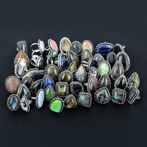 Lot of 100 Mix Size 925 Silver Rings Natural Cabochon Gemstone Ring - Picture 5 of 8