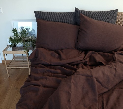 Stonewashed Linen Duvet Cover in Chocolate Brown Queen King Full Duvet Cover