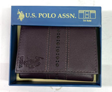 US POLO ASSN Brown Leather Logo Embossed Trifold Wallet Men's NIB