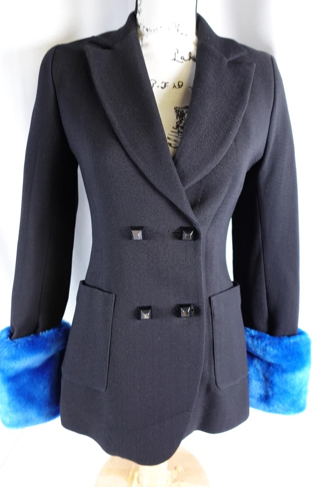 Just Drew женщин двубортный блейзер размер 2 искусственного меха манжеты новый с Ярлыками $495 черный весело - Изображение 2 из 4