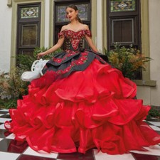 Luxury Red Quinceanera Dresses Off Shoulder Floral Embroidered Button Sweet 16
