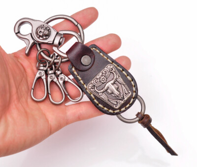 C07 Cool Biker Punk Bull Leather Key Ring Keychain Multi Key Holders Light  Brown