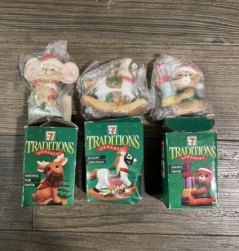 7 ELEVEN Set of 3 Merry Christmas Ornaments Mouse, Horse, Bear New