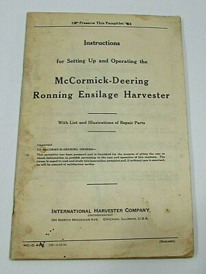 Vintage 1938 McCormick Deering Ronning Ensilage Harvester Operators Instruction