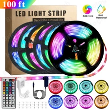 100 FT RGB Led Strip Lights Waterproof Flexible with 44 Keys Remote 12V US Power