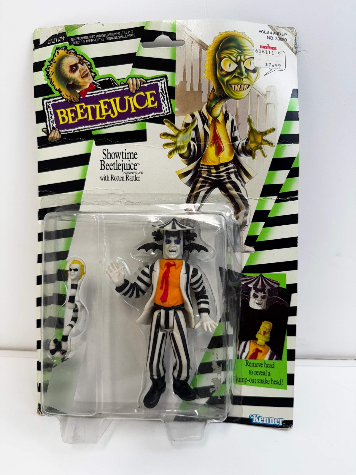 Vintage 1989 Beetlejuice Rotten Rattler Toy by Kenner with Worn Packaging