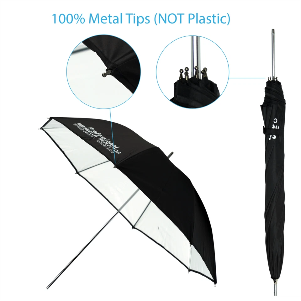 PACK 3 - 32" Paraguas de Estudio Reflector Negro/Blanco para Fotografía, Piezas de Metal Foto 2 de 4