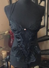 Frederick  s Vintage Satin Lace Ruffle Black One Piece Attached Panties lingerie