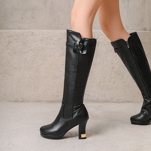 Retro Western British Mujeres Botas Hasta la Rodilla Caballero Montar Bloque Tacones Cremallera Talla - Imagen 4 de 26
