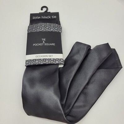 Little Black Tie Men's Charcoal Gray Adjustable Tie and Square Pocket Set