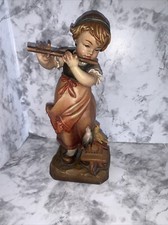 PEMA Italy Figura Legno Intagliato Ragazza che Gioca Flauto Uccellini Dipinta A Mano